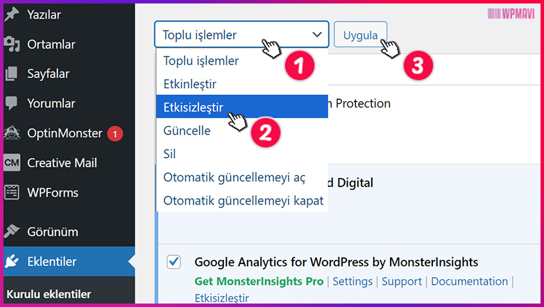 WordPress Aç - Eklenti Kaldırma 2. Adım