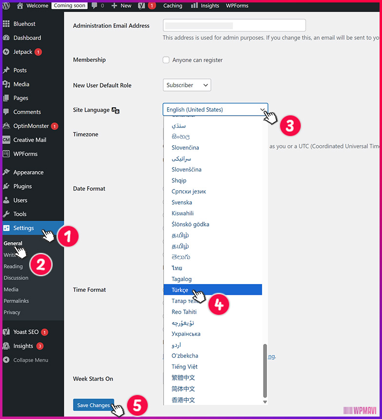 WordPress Site Kur - WordPress Admin Paneli Türkçeleştirme