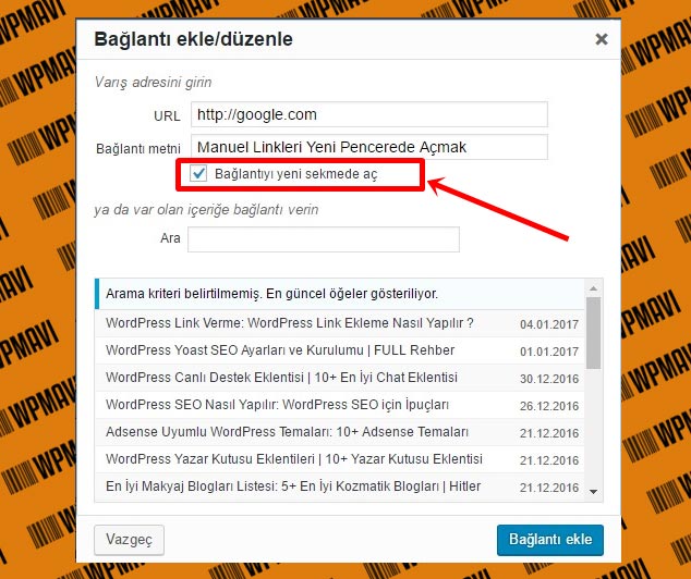 Wordpress Linkleri Manuel Olarak Yeni Sayfada Açma