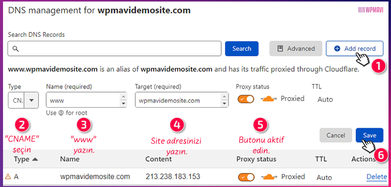 CloudFlare Kurulumu - 2. DNS Kaydı