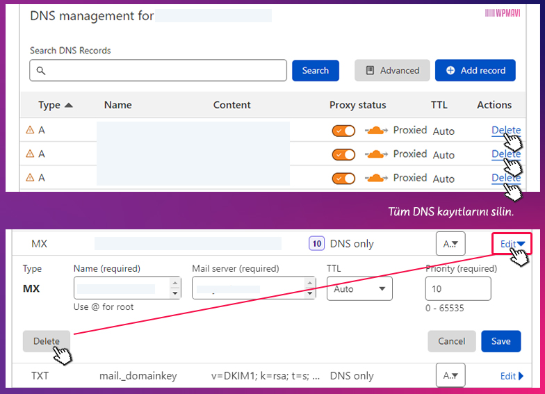 CloudFlare Kurulumu - DNS Kayıt Silme