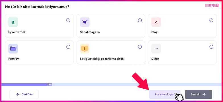 elementor ile web sitesi kurmak - Site Türü Seçimi