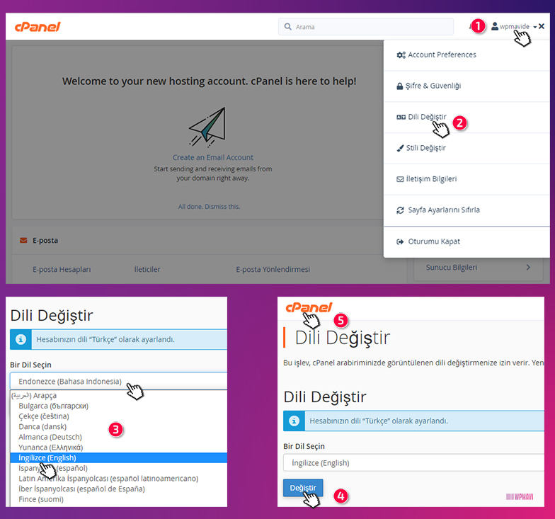 Emlak Stiesi Kur - cPanel'in Dilini Değiştirme