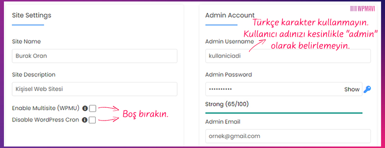 Emlak Sitesi Kurmak İstiyorum - WordPress Kurulum Formu - Site Settings ve Admin Account