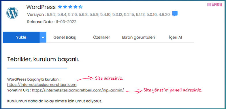 WordPress ile kurulan sitenin yönetim paneli adresi