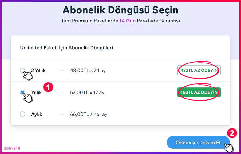 wix premium fiyatları - Abonelik Döngüsü Seçimi