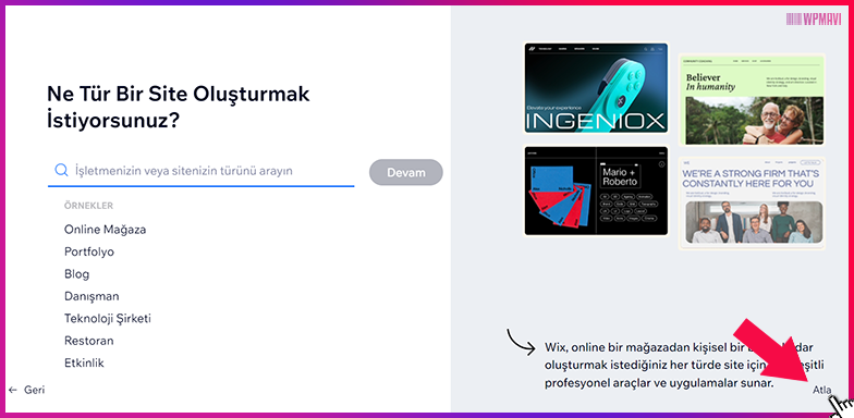 wix ile web sitesi kurmak - Wix Site Türü Seçimi