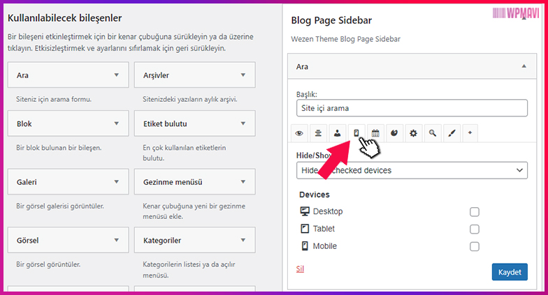 wordpress bileşenler mobilde görünsün masaüstünde görünmesin 4. adım