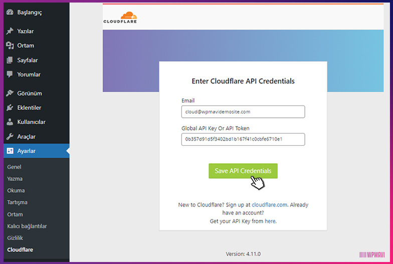 WordPress CloudFlare Eklentisi - Save API Credentials