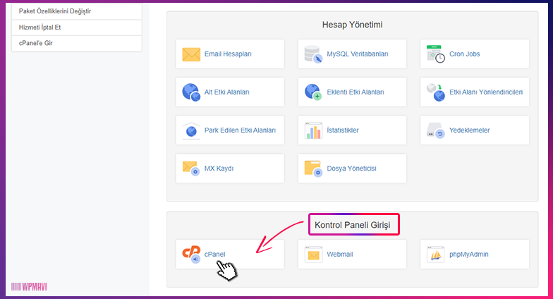 wordpress cpanel kurulumu - cpanele ulaşma