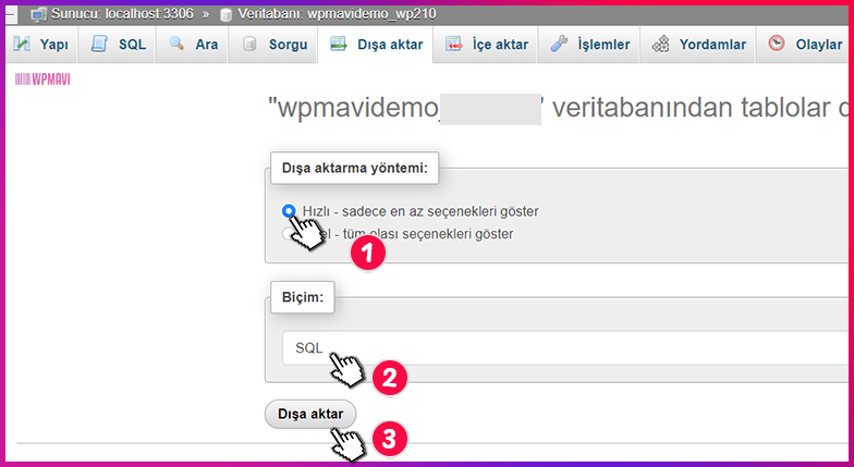 wordpress siteyi başka hostinge taşıma - Veritabanı Dışa Aktarma Seçenekleri