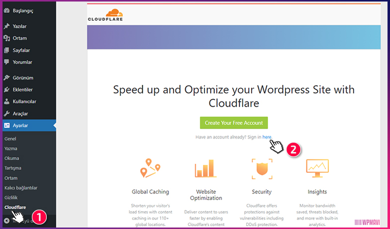 WordPress Siteye CloudFlare Bağlama - CloudFlare Eklentisi "Here"