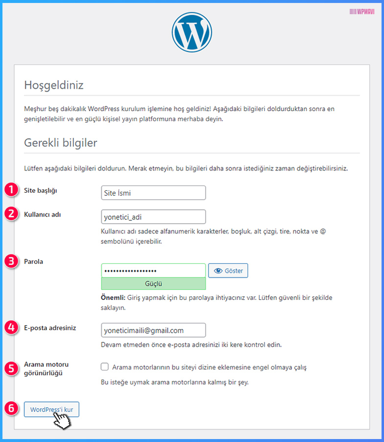 WordPress Kurma - WordPress Yönetici Bilgilerini Belirleme